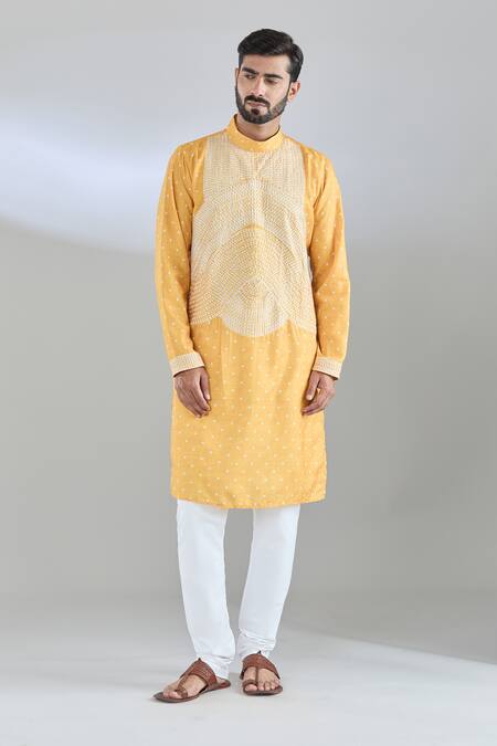 Buy Arihant Rai Sinha Yellow Modal Embroidery Bandhani Print Kurta Online at Aza Fashions Buy_Arihant Rai Sinha_Yellow Modal Embroidery Bandhani Print Kurta _Online_at_Aza_Fashions
