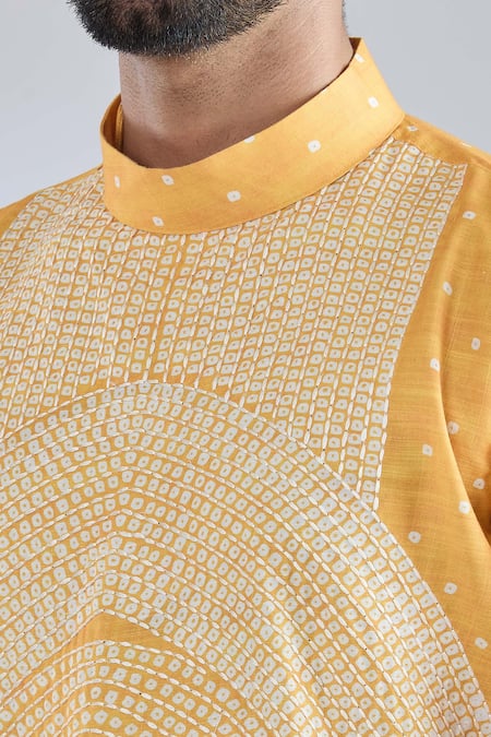 Shop Arihant Rai Sinha Yellow Modal Embroidery Bandhani Print Kurta Online at Aza Fashions Shop_Arihant Rai Sinha_Yellow Modal Embroidery Bandhani Print Kurta _Online_at_Aza_Fashions