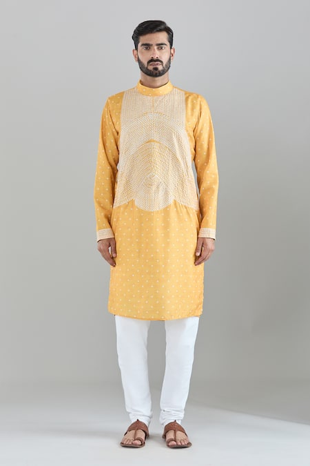 Arihant Rai Sinha Yellow Modal Embroidery Bandhani Print Kurta at Aza Fashions Arihant Rai Sinha_Yellow Modal Embroidery Bandhani Print Kurta _at_Aza_Fashions