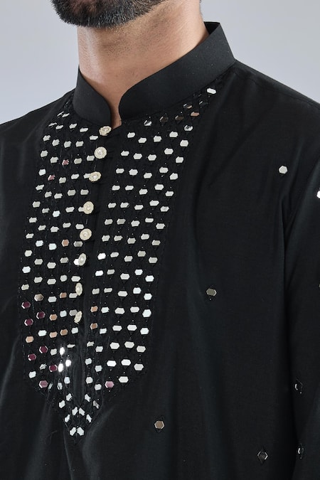 Arihant Rai Sinha Black Cotton, Silk Mirrors, Embroidery Kurta Online at Aza Fashions Arihant Rai Sinha_Black Cotton, Silk Mirrors, Embroidery Kurta _Online_at_Aza_Fashions