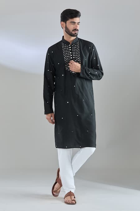Shop Arihant Rai Sinha Black Cotton, Silk Mirrors, Embroidery Kurta Online at Aza Fashions Shop_Arihant Rai Sinha_Black Cotton, Silk Mirrors, Embroidery Kurta _Online_at_Aza_Fashions
