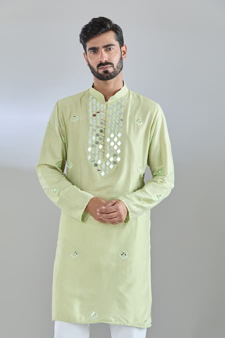 Arihant Rai Sinha Green Silk Mirrors Embroidered Kurta Online at Aza Fashions Arihant Rai Sinha_Green Silk Mirrors Embroidered Kurta _Online_at_Aza_Fashions