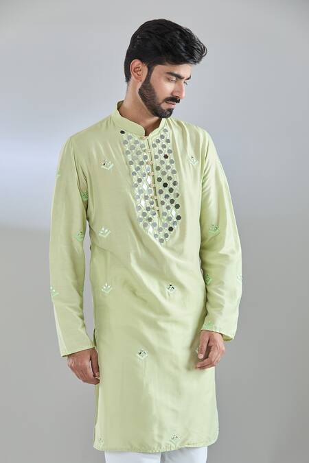 Buy Arihant Rai Sinha Green Silk Mirrors Embroidered Kurta Online at Aza Fashions Buy_Arihant Rai Sinha_Green Silk Mirrors Embroidered Kurta _Online_at_Aza_Fashions