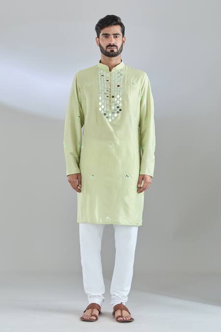 Shop Arihant Rai Sinha Green Silk Mirrors Embroidered Kurta Online at Aza Fashions Shop_Arihant Rai Sinha_Green Silk Mirrors Embroidered Kurta _Online_at_Aza_Fashions