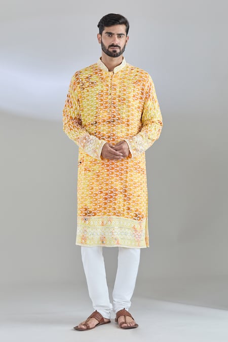 Arihant Rai Sinha_Yellow Silk Sequins, Embroidery Shibori Pattern Kurta _Online_at_Aza_Fashions