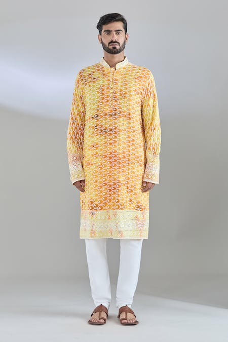 Buy_Arihant Rai Sinha_Yellow Silk Sequins, Embroidery Shibori Pattern Kurta _Online_at_Aza_Fashions