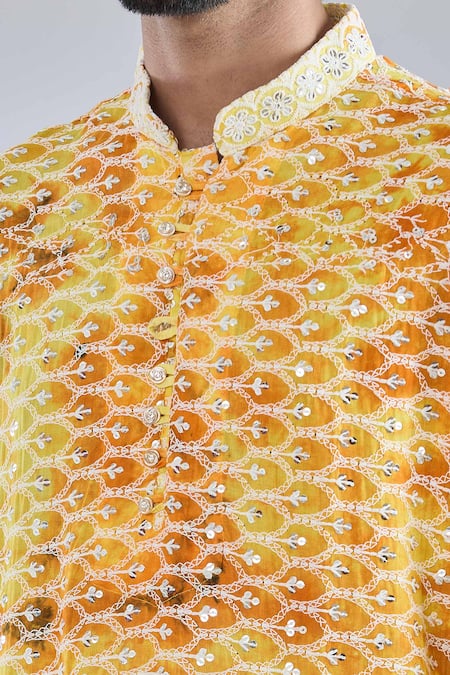 Shop_Arihant Rai Sinha_Yellow Silk Sequins, Embroidery Shibori Pattern Kurta _Online_at_Aza_Fashions