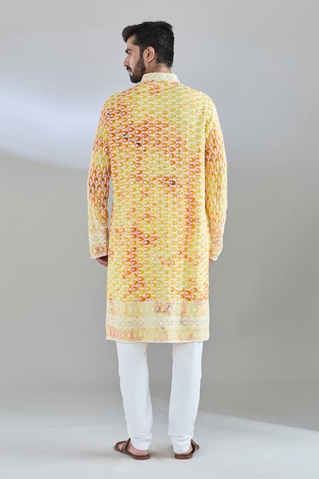Shop_Arihant Rai Sinha_Yellow Silk Sequins, Embroidery Shibori Pattern Kurta _at_Aza_Fashions