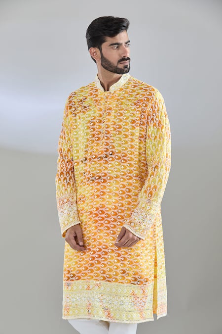 Arihant Rai Sinha_Yellow Silk Sequins, Embroidery Shibori Pattern Kurta _at_Aza_Fashions