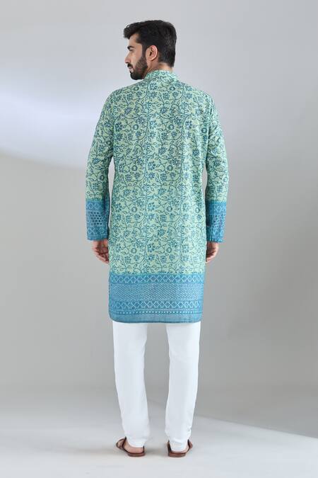Shop Arihant Rai Sinha Blue Cotton Sequins, Embroidery Floral Print Kurta at Aza Fashions Shop_Arihant Rai Sinha_Blue Cotton Sequins, Embroidery Floral Print Kurta _at_Aza_Fashions