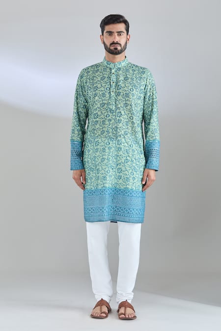 Arihant Rai Sinha Blue Cotton Sequins, Embroidery Floral Print Kurta Online at Aza Fashions Arihant Rai Sinha_Blue Cotton Sequins, Embroidery Floral Print Kurta _Online_at_Aza_Fashions