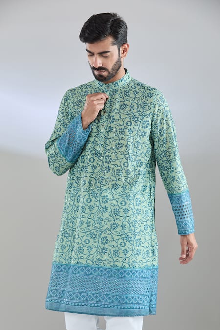 Shop Arihant Rai Sinha Blue Cotton Sequins, Embroidery Floral Print Kurta Online at Aza Fashions Shop_Arihant Rai Sinha_Blue Cotton Sequins, Embroidery Floral Print Kurta _Online_at_Aza_Fashions