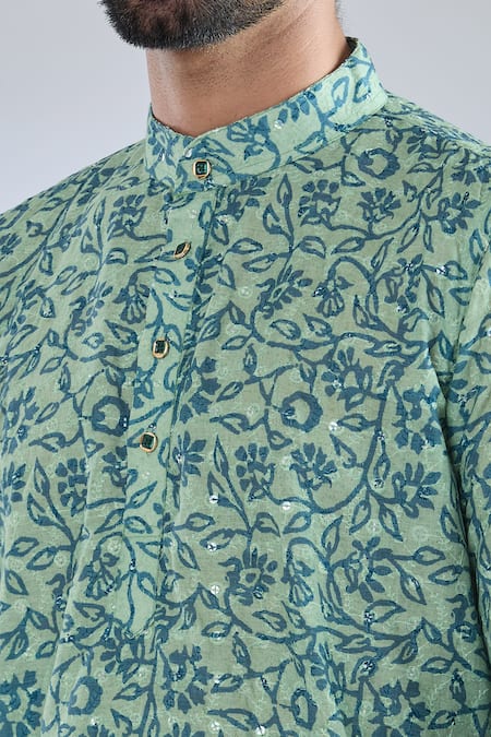 Arihant Rai Sinha Blue Cotton Sequins, Embroidery Floral Print Kurta at Aza Fashions Arihant Rai Sinha_Blue Cotton Sequins, Embroidery Floral Print Kurta _at_Aza_Fashions