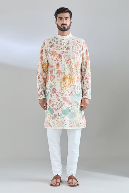 Arihant Rai Sinha_White Cotton Sequins, Embroidery Wolf Kurta _Online_at_Aza_Fashions