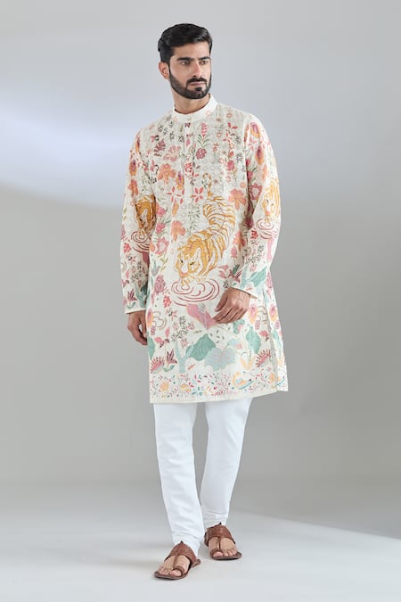 Buy_Arihant Rai Sinha_White Cotton Sequins, Embroidery Wolf Kurta _Online_at_Aza_Fashions