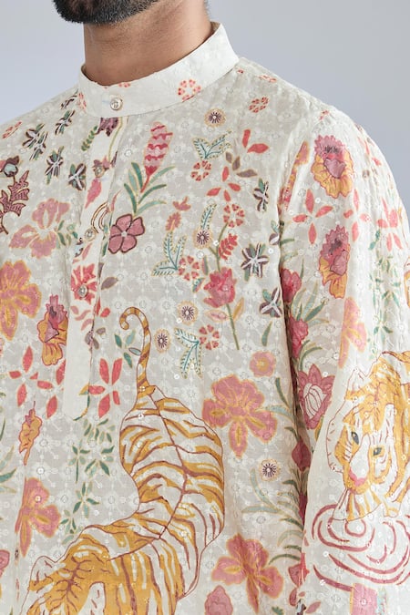 Shop_Arihant Rai Sinha_White Cotton Sequins, Embroidery Wolf Kurta _Online_at_Aza_Fashions