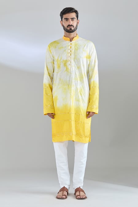 Arihant Rai Sinha_White Chanderi Silk Sequins, Embroidery And Yellow Checkered Kurta _Online_at_Aza_Fashions