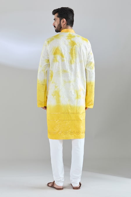 Shop_Arihant Rai Sinha_White Chanderi Silk Sequins, Embroidery And Yellow Checkered Kurta _at_Aza_Fashions
