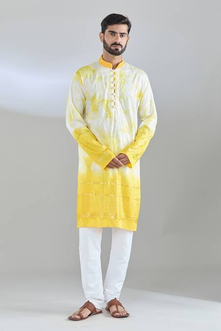 Buy_Arihant Rai Sinha_White Chanderi Silk Sequins, Embroidery And Yellow Checkered Kurta _Online_at_Aza_Fashions