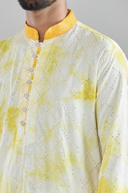 Shop_Arihant Rai Sinha_White Chanderi Silk Sequins, Embroidery And Yellow Checkered Kurta _Online_at_Aza_Fashions