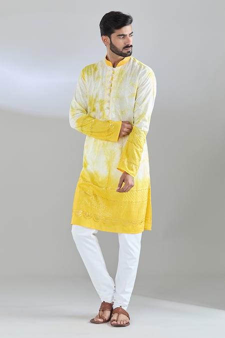 Arihant Rai Sinha_White Chanderi Silk Sequins, Embroidery And Yellow Checkered Kurta _at_Aza_Fashions