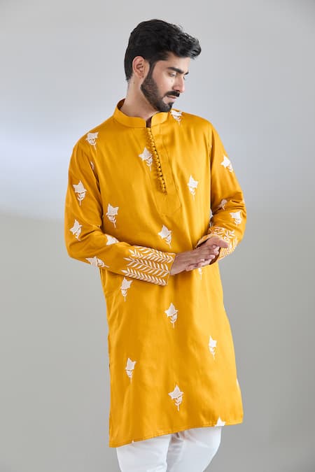 Arihant Rai Sinha Yellow Cotton Satin Embroidery Mustard Thread Kurta Online at Aza Fashions Arihant Rai Sinha_Yellow Cotton Satin Embroidery Mustard Thread Kurta _Online_at_Aza_Fashions