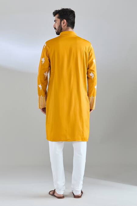 Shop Arihant Rai Sinha Yellow Cotton Satin Embroidery Mustard Thread Kurta at Aza Fashions Shop_Arihant Rai Sinha_Yellow Cotton Satin Embroidery Mustard Thread Kurta _at_Aza_Fashions
