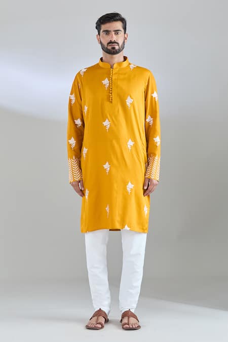 Buy Arihant Rai Sinha Yellow Cotton Satin Embroidery Mustard Thread Kurta Online at Aza Fashions Buy_Arihant Rai Sinha_Yellow Cotton Satin Embroidery Mustard Thread Kurta _Online_at_Aza_Fashions