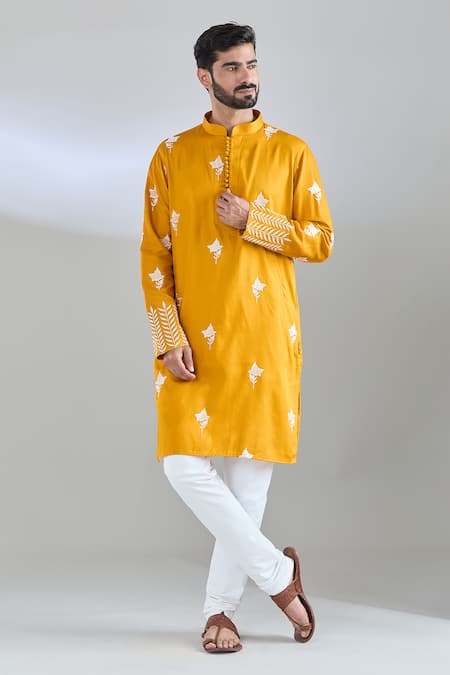 Shop Arihant Rai Sinha Yellow Cotton Satin Embroidery Mustard Thread Kurta Online at Aza Fashions Shop_Arihant Rai Sinha_Yellow Cotton Satin Embroidery Mustard Thread Kurta _Online_at_Aza_Fashions
