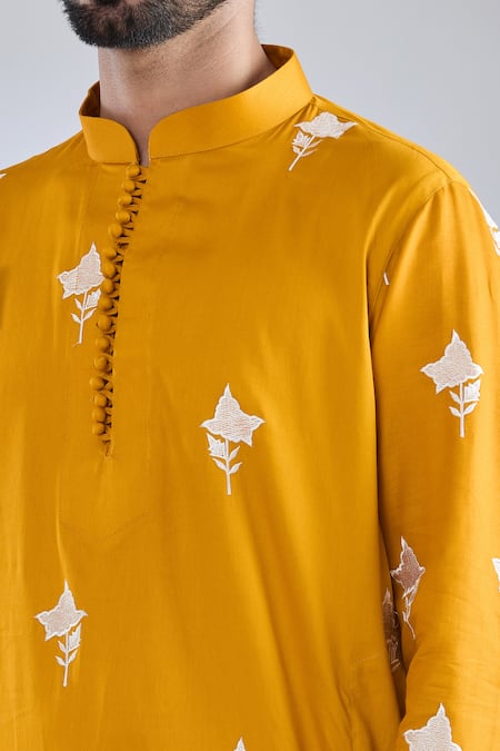 Arihant Rai Sinha Yellow Cotton Satin Embroidery Mustard Thread Kurta at Aza Fashions Arihant Rai Sinha_Yellow Cotton Satin Embroidery Mustard Thread Kurta _at_Aza_Fashions