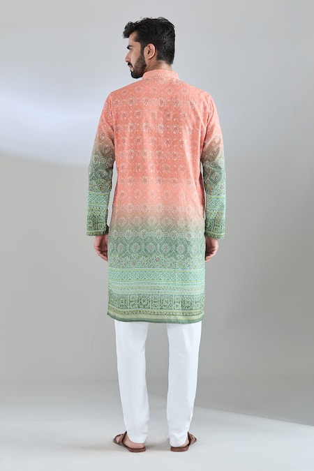 Shop_Arihant Rai Sinha_Peach Cotton Satin Embroidery Green Bandhani Print Kurta _at_Aza_Fashions
