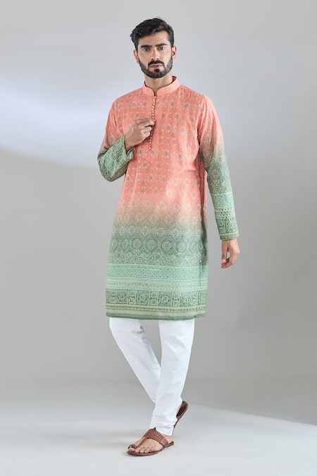Buy_Arihant Rai Sinha_Peach Cotton Satin Embroidery Green Bandhani Print Kurta _Online_at_Aza_Fashions