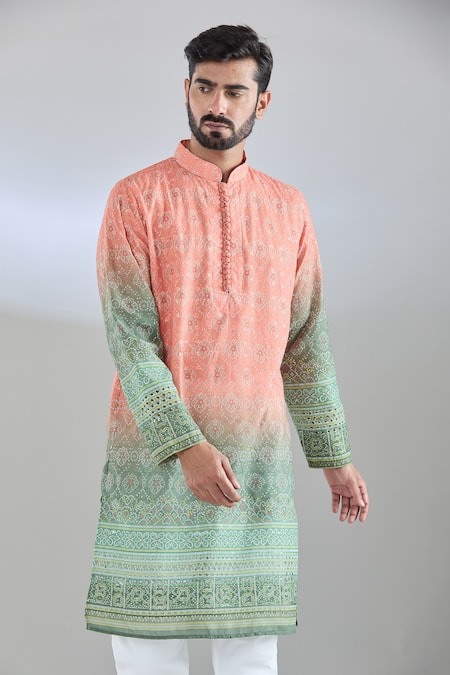 Arihant Rai Sinha_Peach Cotton Satin Embroidery Green Bandhani Print Kurta _at_Aza_Fashions