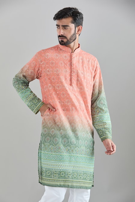 Buy_Arihant Rai Sinha_Peach Cotton Satin Embroidery Green Bandhani Print Kurta 