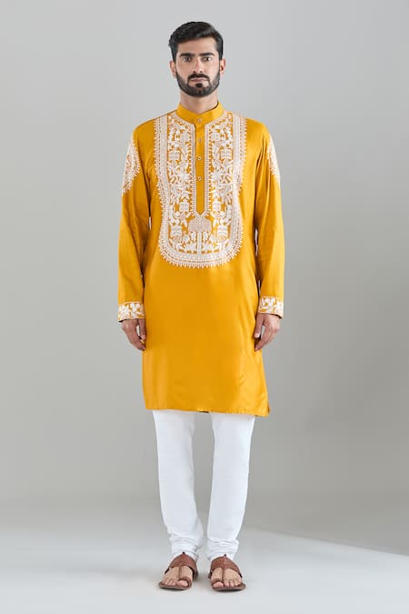 Arihant Rai Sinha Yellow Cotton Satin Embroidery Mustard Resham Kurta Online at Aza Fashions Arihant Rai Sinha_Yellow Cotton Satin Embroidery Mustard Resham Kurta _Online_at_Aza_Fashions