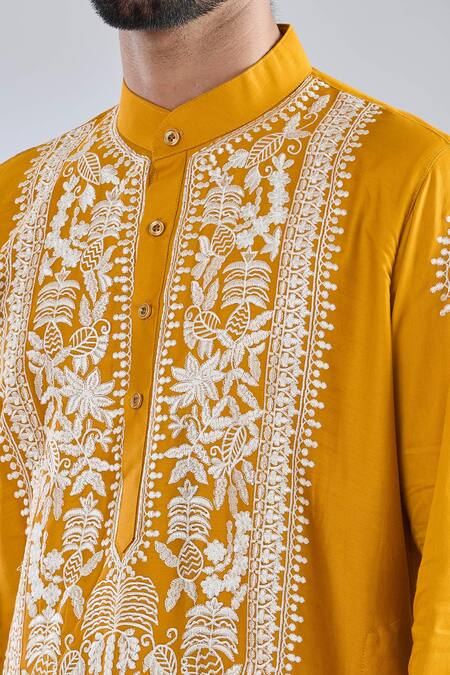 Buy Arihant Rai Sinha Yellow Cotton Satin Embroidery Mustard Resham Kurta Online at Aza Fashions Buy_Arihant Rai Sinha_Yellow Cotton Satin Embroidery Mustard Resham Kurta _Online_at_Aza_Fashions