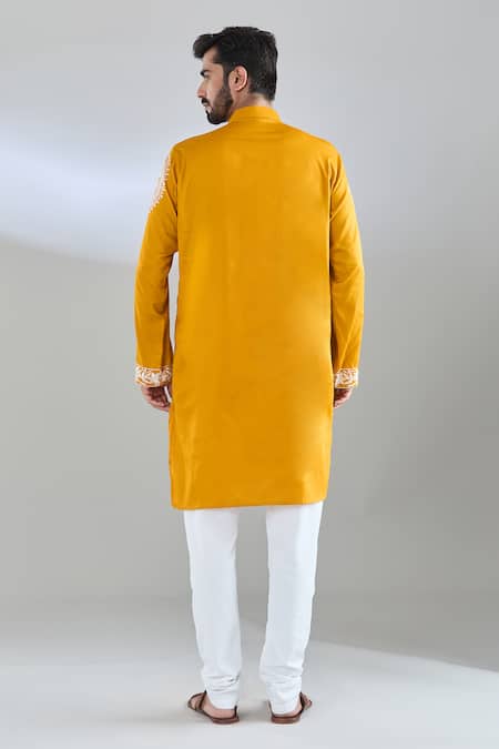 Shop Arihant Rai Sinha Yellow Cotton Satin Embroidery Mustard Resham Kurta at Aza Fashions Shop_Arihant Rai Sinha_Yellow Cotton Satin Embroidery Mustard Resham Kurta _at_Aza_Fashions