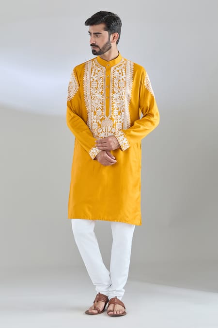 Shop Arihant Rai Sinha Yellow Cotton Satin Embroidery Mustard Resham Kurta Online at Aza Fashions Shop_Arihant Rai Sinha_Yellow Cotton Satin Embroidery Mustard Resham Kurta _Online_at_Aza_Fashions