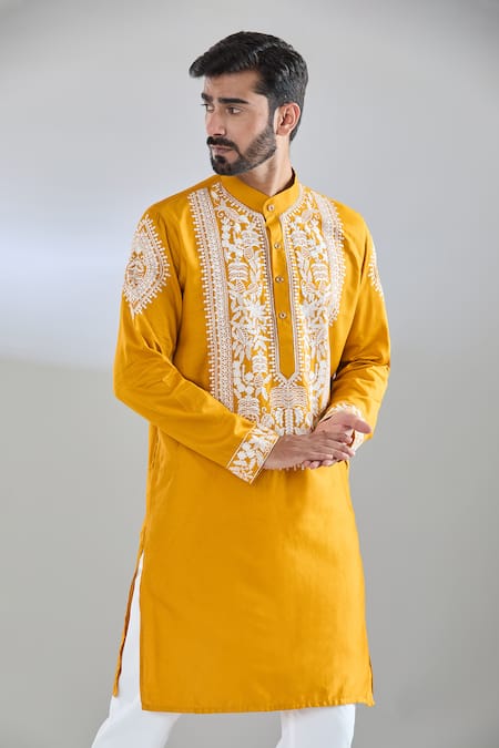 Arihant Rai Sinha Yellow Cotton Satin Embroidery Mustard Resham Kurta at Aza Fashions Arihant Rai Sinha_Yellow Cotton Satin Embroidery Mustard Resham Kurta _at_Aza_Fashions