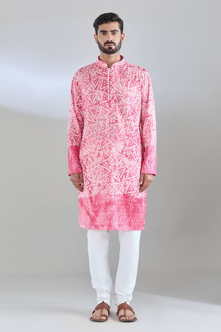 Arihant Rai Sinha_Pink Chanderi Batik Print Deep Kurta _Online_at_Aza_Fashions