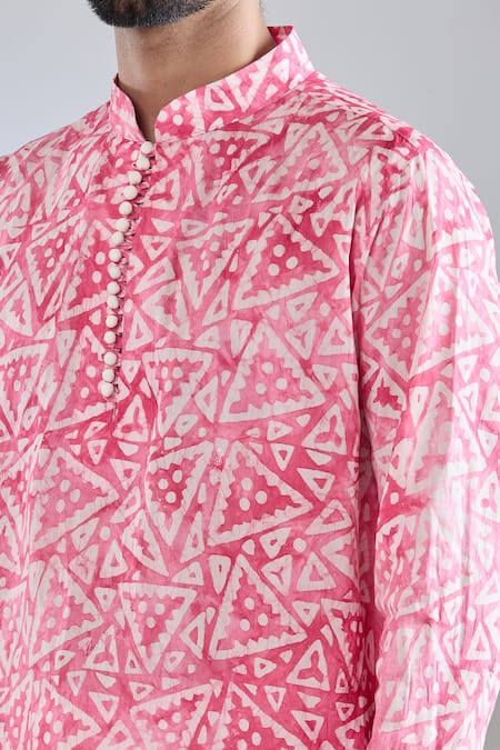Buy_Arihant Rai Sinha_Pink Chanderi Batik Print Deep Kurta _Online_at_Aza_Fashions