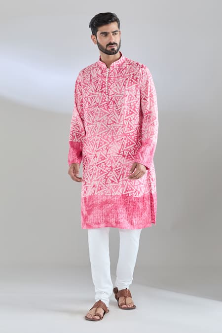 Shop_Arihant Rai Sinha_Pink Chanderi Batik Print Deep Kurta _Online_at_Aza_Fashions
