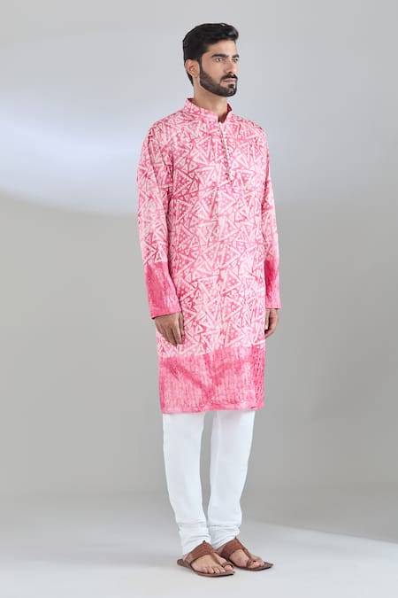 Arihant Rai Sinha_Pink Chanderi Batik Print Deep Kurta _at_Aza_Fashions