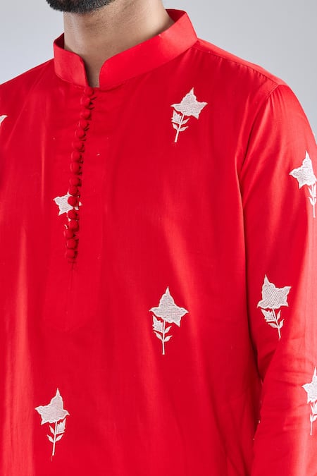 Arihant Rai Sinha Red Cotton Satin Embroidery Kurta Online at Aza Fashions Arihant Rai Sinha_Red Cotton Satin Embroidery Kurta _Online_at_Aza_Fashions