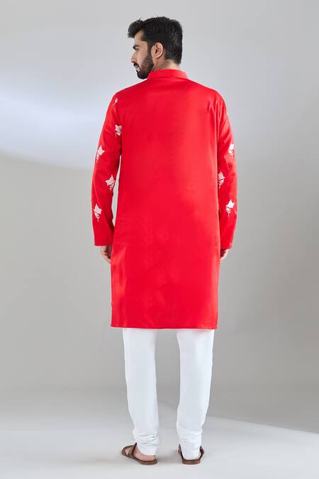 Shop Arihant Rai Sinha Red Cotton Satin Embroidery Kurta at Aza Fashions Shop_Arihant Rai Sinha_Red Cotton Satin Embroidery Kurta _at_Aza_Fashions