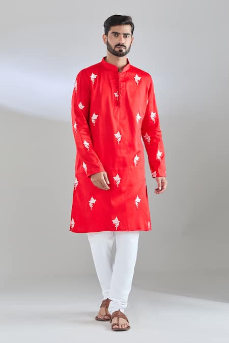 Shop Arihant Rai Sinha Red Cotton Satin Embroidery Kurta Online at Aza Fashions Shop_Arihant Rai Sinha_Red Cotton Satin Embroidery Kurta _Online_at_Aza_Fashions