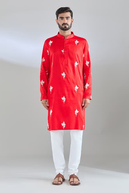 Arihant Rai Sinha Red Cotton Satin Embroidery Kurta at Aza Fashions Arihant Rai Sinha_Red Cotton Satin Embroidery Kurta _at_Aza_Fashions