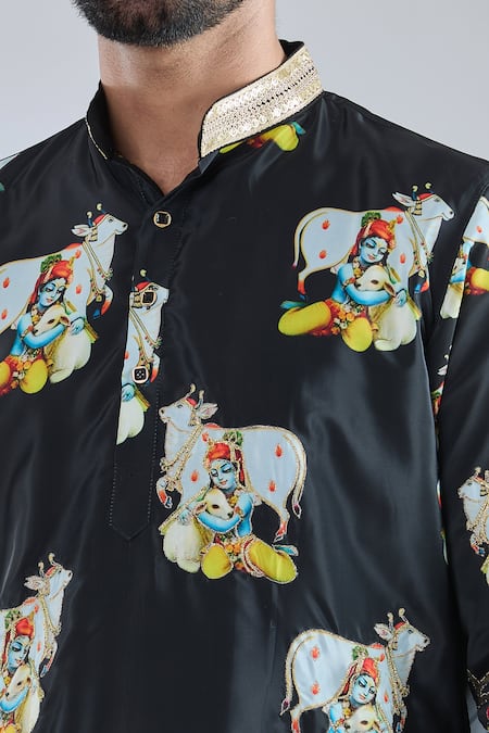 Arihant Rai Sinha_Black Crepe Zari Cow Print Embroidered Kurta _Online_at_Aza_Fashions