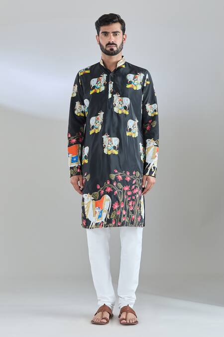 Buy_Arihant Rai Sinha_Black Crepe Zari Cow Print Embroidered Kurta _Online_at_Aza_Fashions