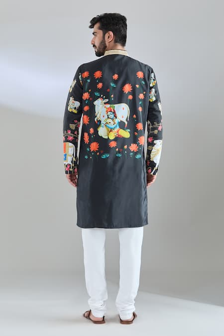 Shop_Arihant Rai Sinha_Black Crepe Zari Cow Print Embroidered Kurta _at_Aza_Fashions